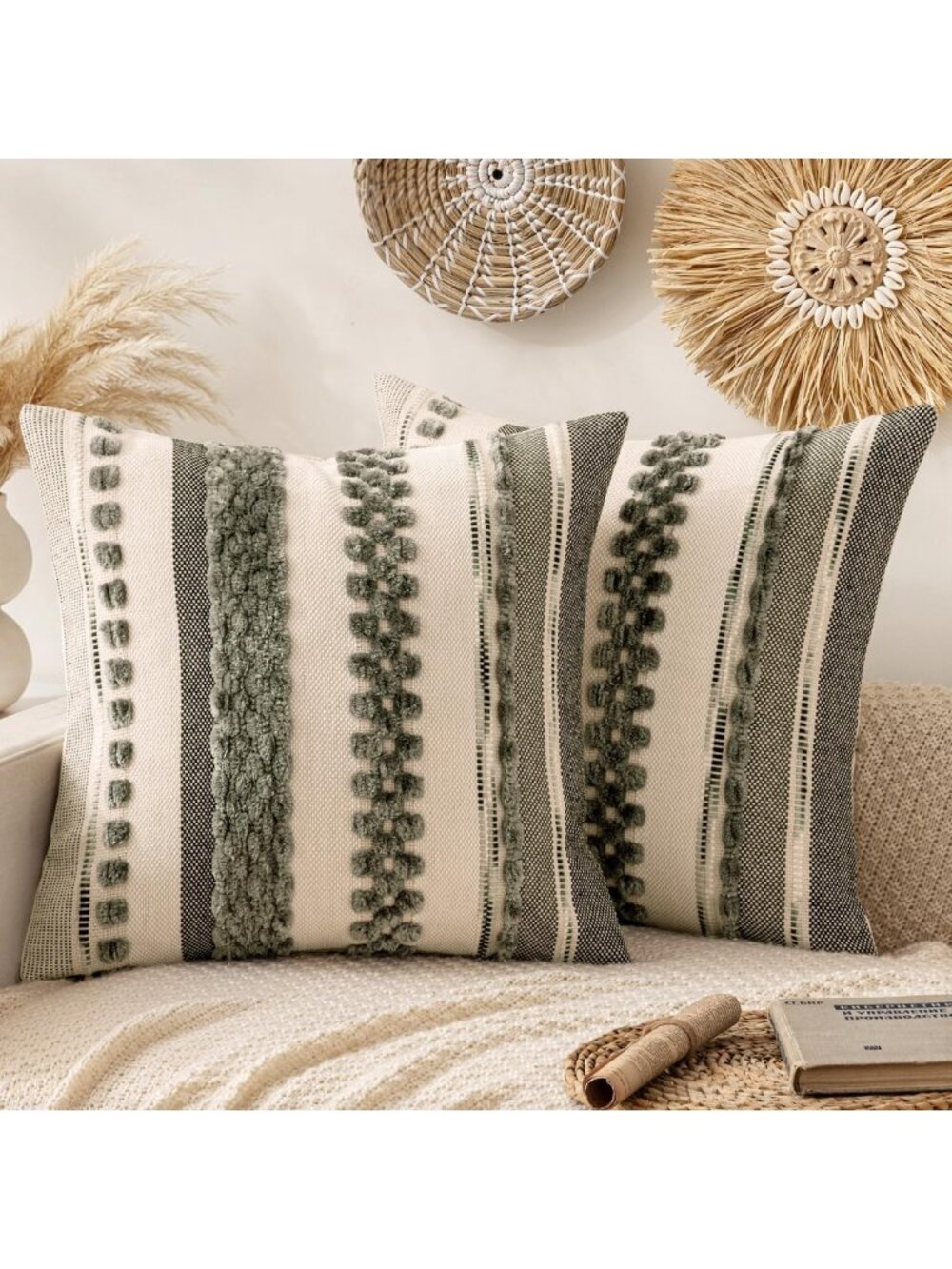 Boho Gray Stripe Decorative Pillow Covers 20x20 Inch - Set of 2 for Home Decor